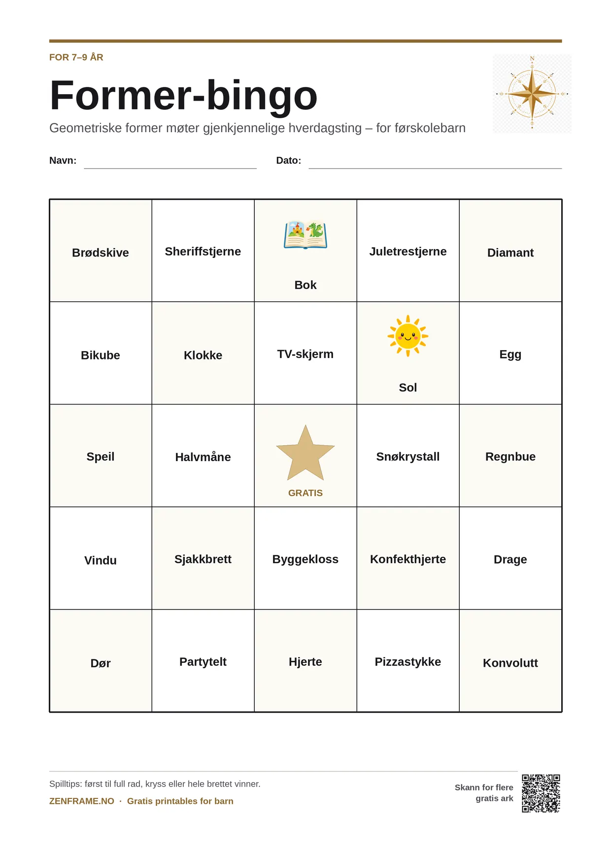 Former-bingo for barn 7–9 år – gratis utskrivbart A4-brett