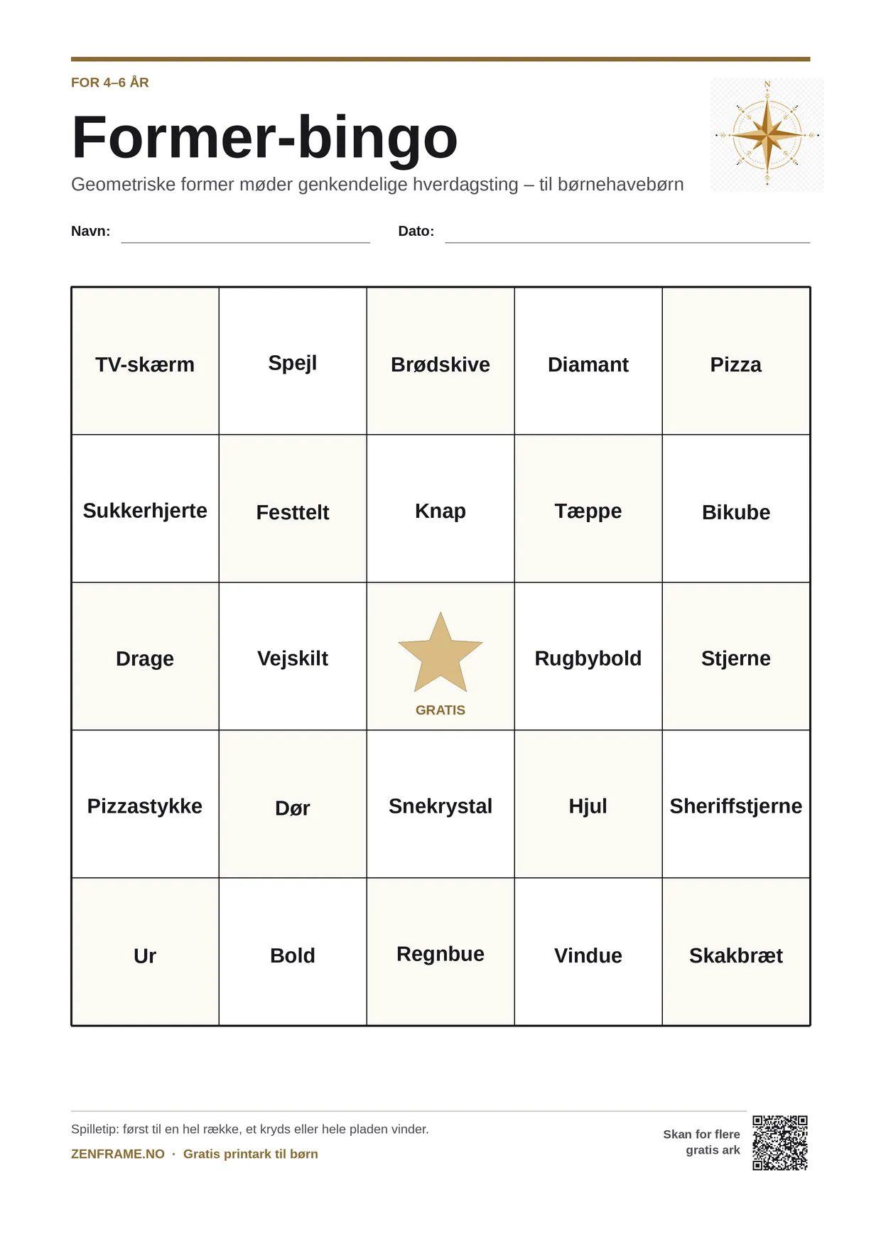 Former-bingo for børn 4–6 år – gratis printbar A4-plade
