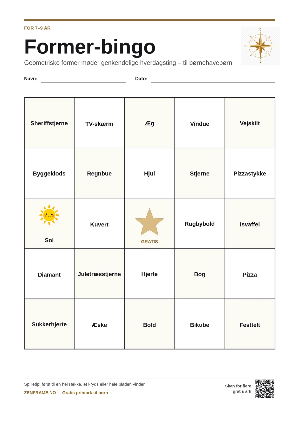 Former-bingo for børn 7–9 år – gratis printbar A4-plade