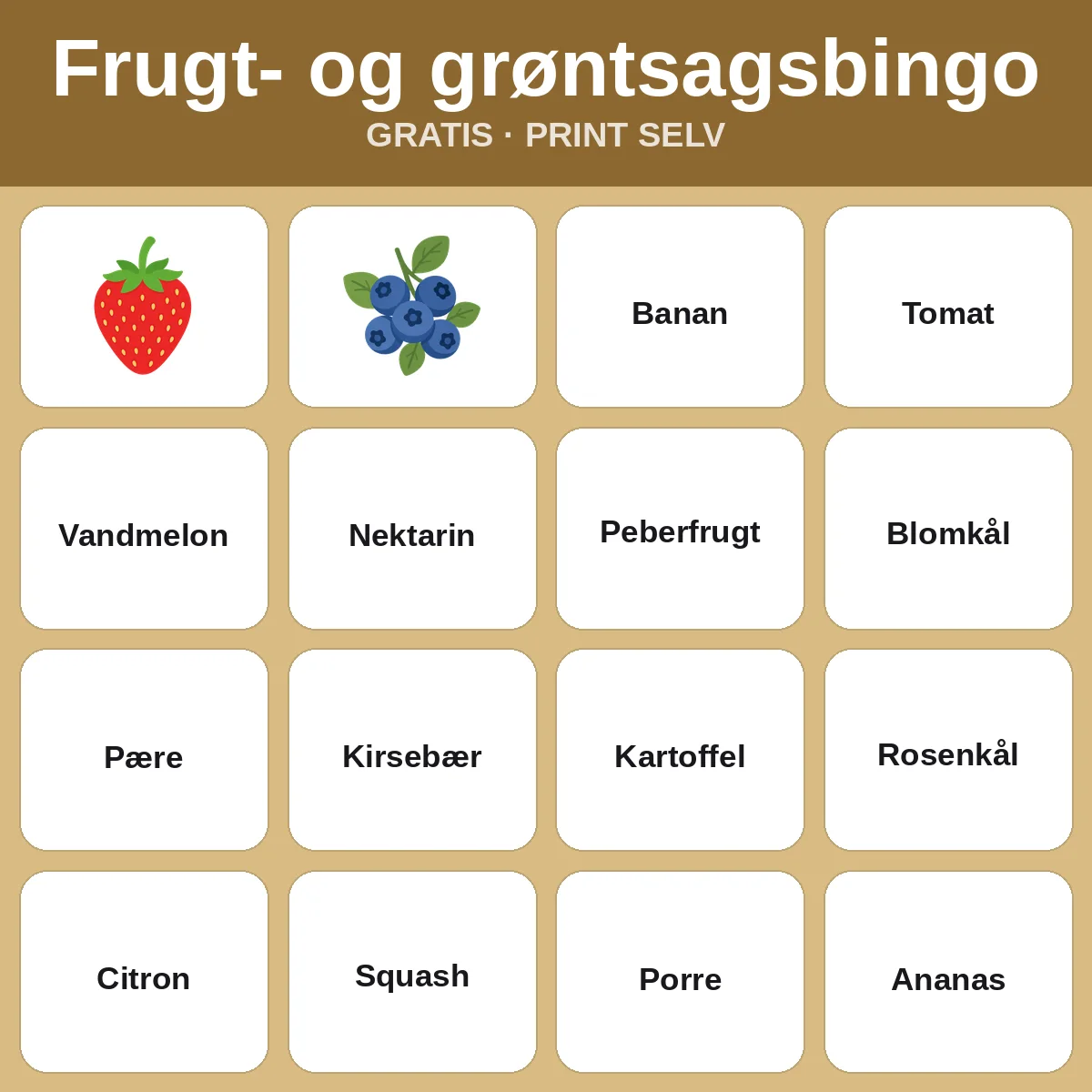 Frugt- og grøntsagsbingo – gratis bingo til print for børn