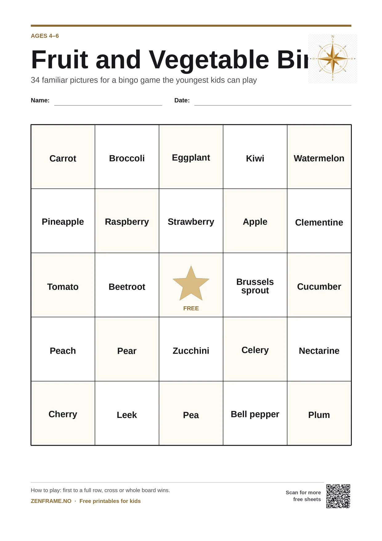 Fruit and Vegetable Bingo for kids ages 4–6 – free printable A4 board