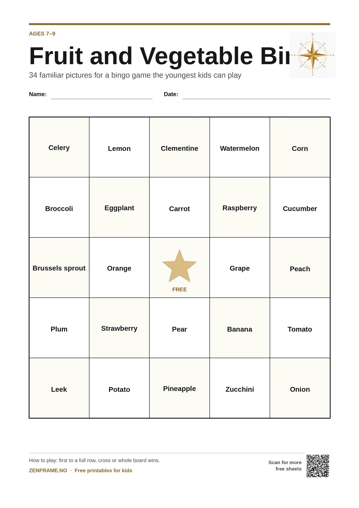 Fruit and Vegetable Bingo for kids ages 7–9 – free printable A4 board