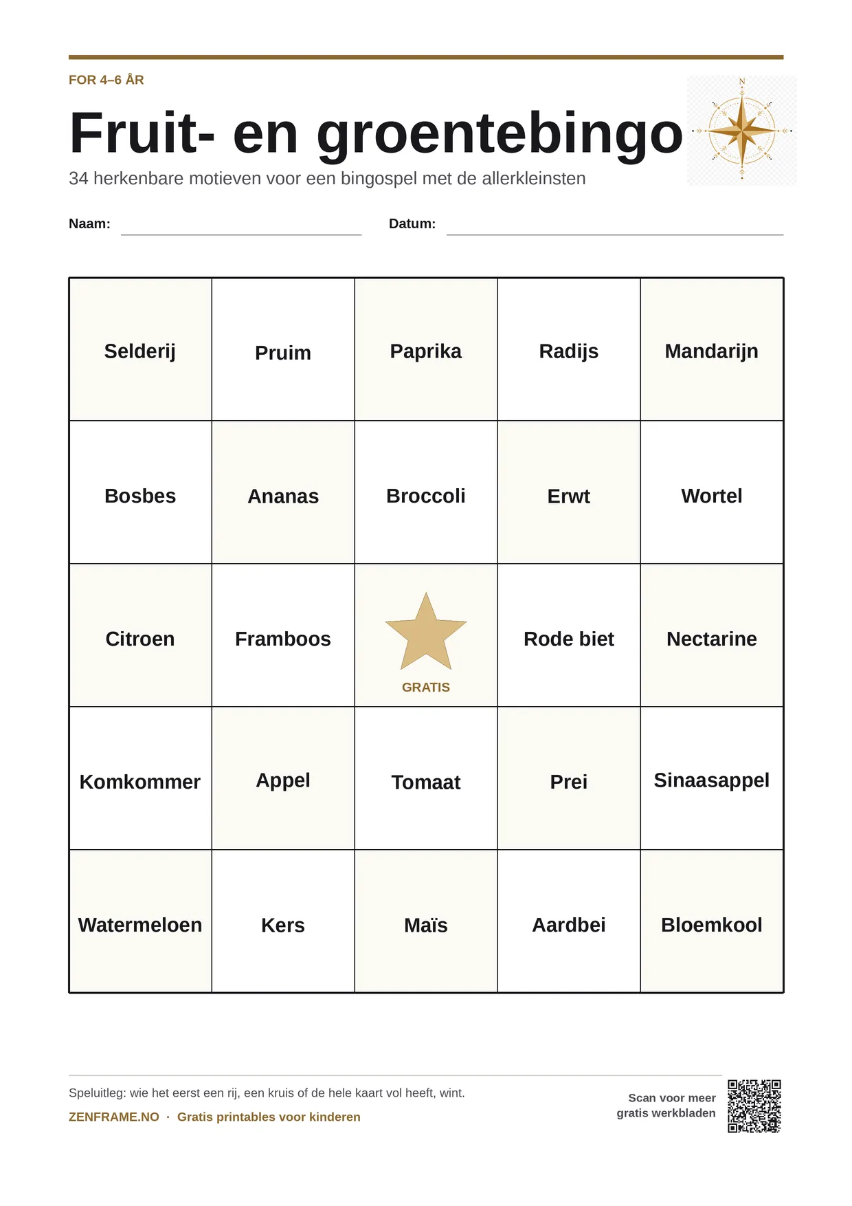 Fruit- en groentebingo voor kinderen 4–6 jaar – gratis printbare A4-kaart
