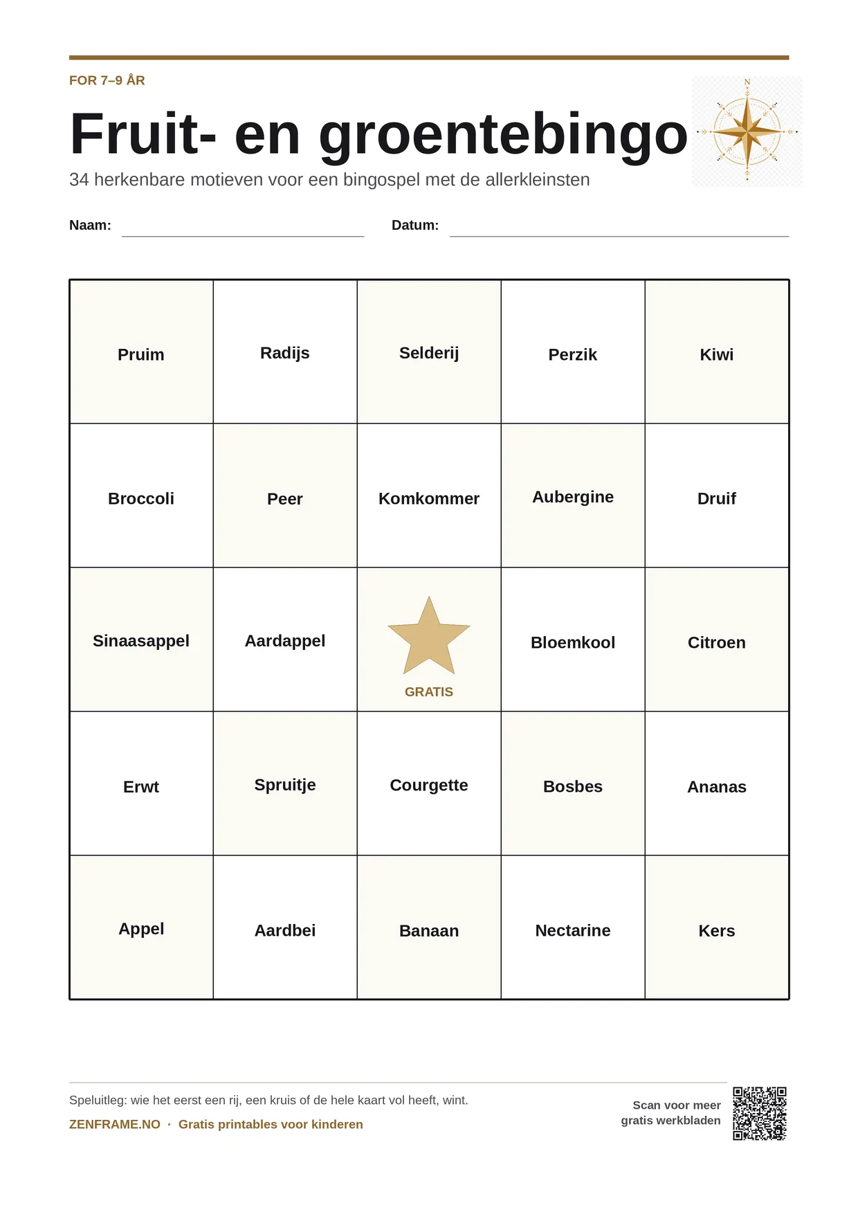 Fruit- en groentebingo voor kinderen 7–9 jaar – gratis printbare A4-kaart