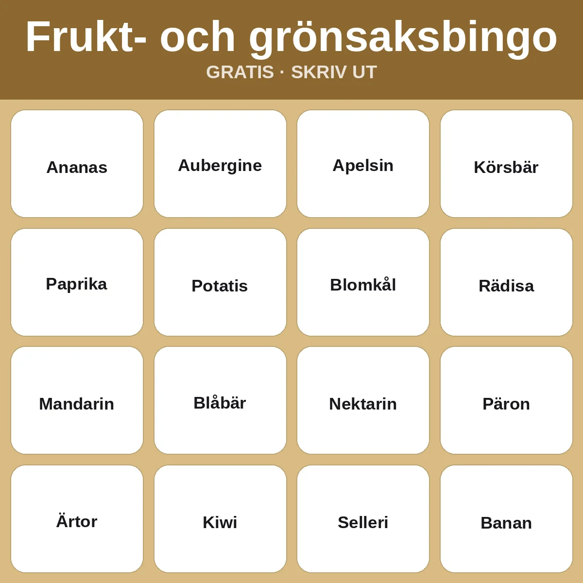 Frukt- och grönsaksbingo – gratis bingo att skriva ut för barn