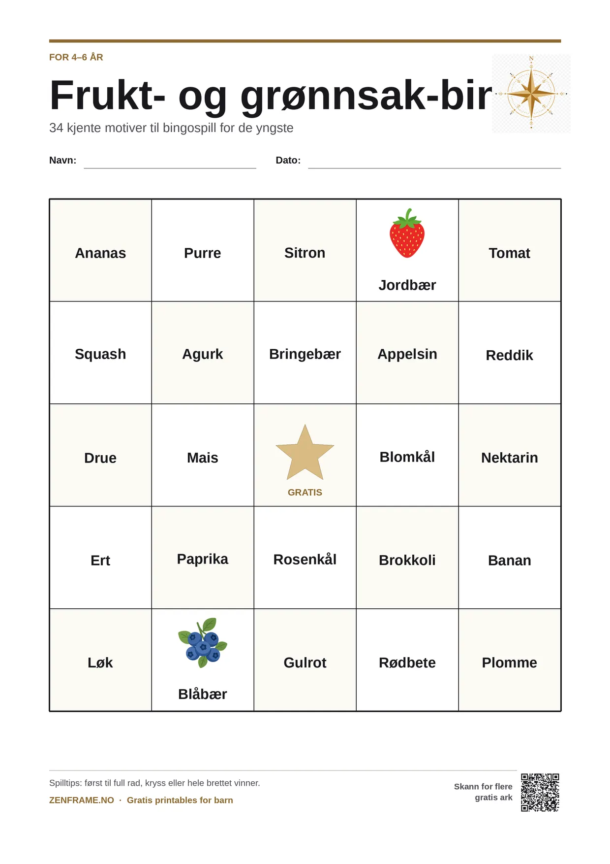 Frukt- og grønnsak-bingo for barn 4–6 år – gratis utskrivbart A4-brett