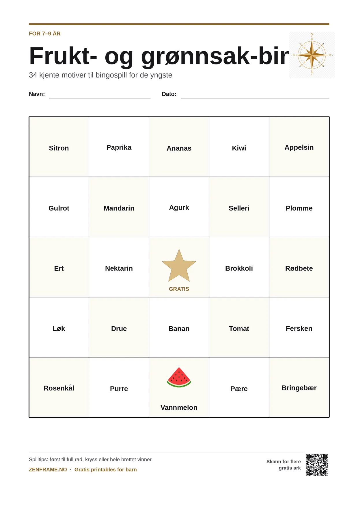 Frukt- og grønnsak-bingo for barn 7–9 år – gratis utskrivbart A4-brett