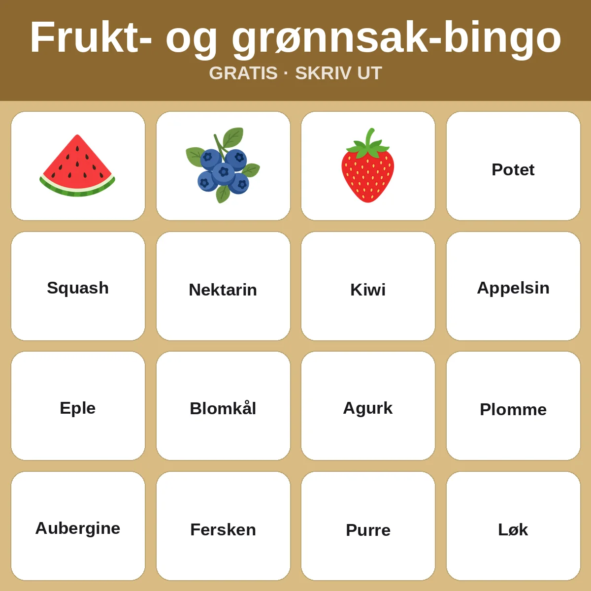 Frukt- og grønnsak-bingo – gratis bingo til utskrift for barn