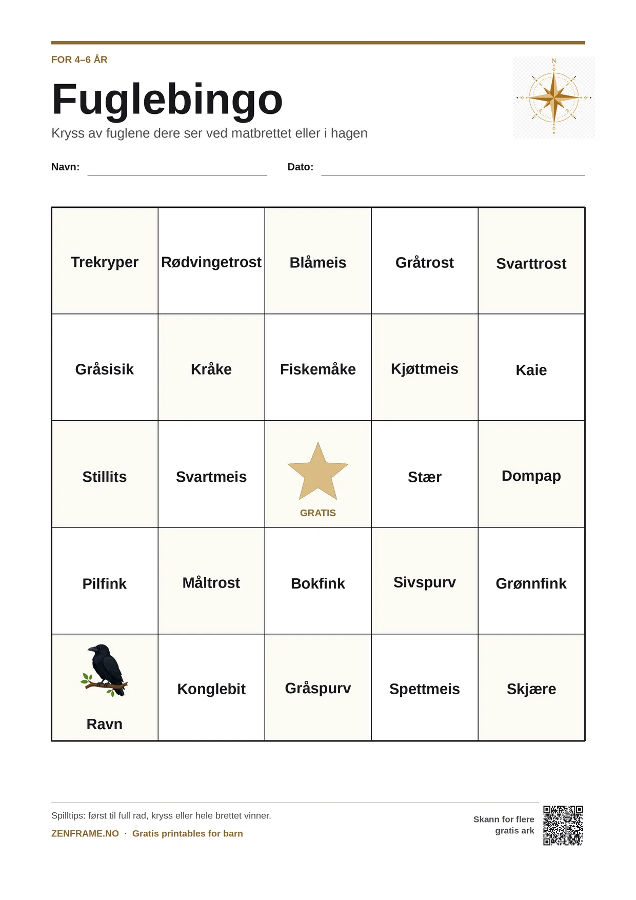 Fuglebingo for barn 4–6 år – gratis utskrivbart A4-brett