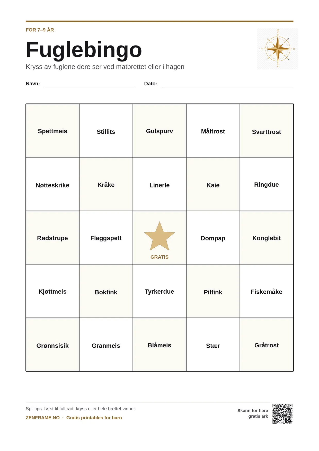 Fuglebingo for barn 7–9 år – gratis utskrivbart A4-brett