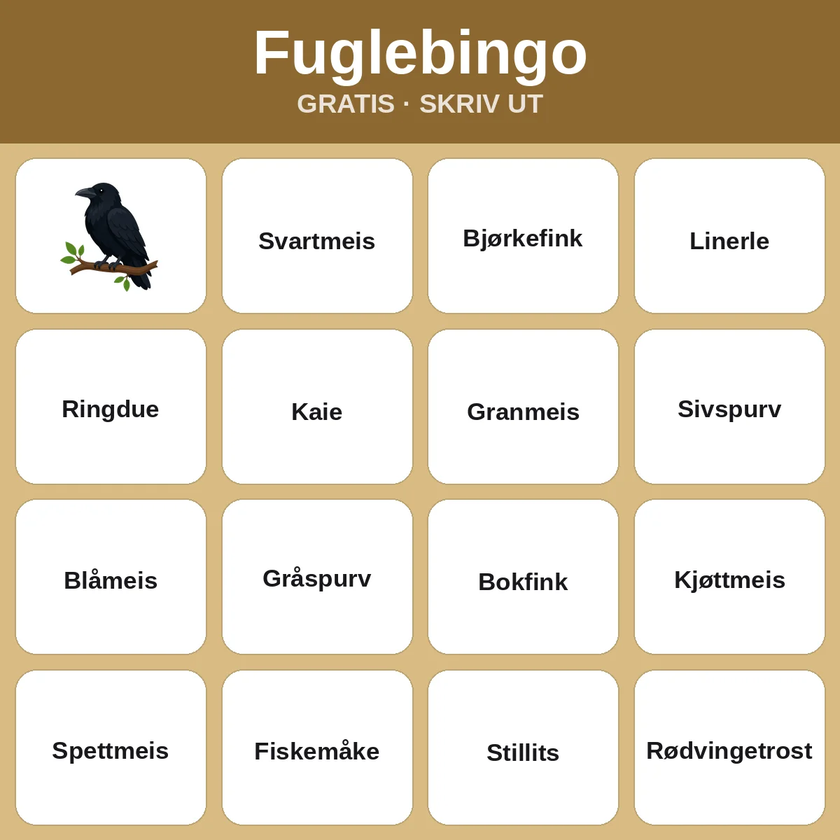 Fuglebingo – gratis bingo til utskrift for barn