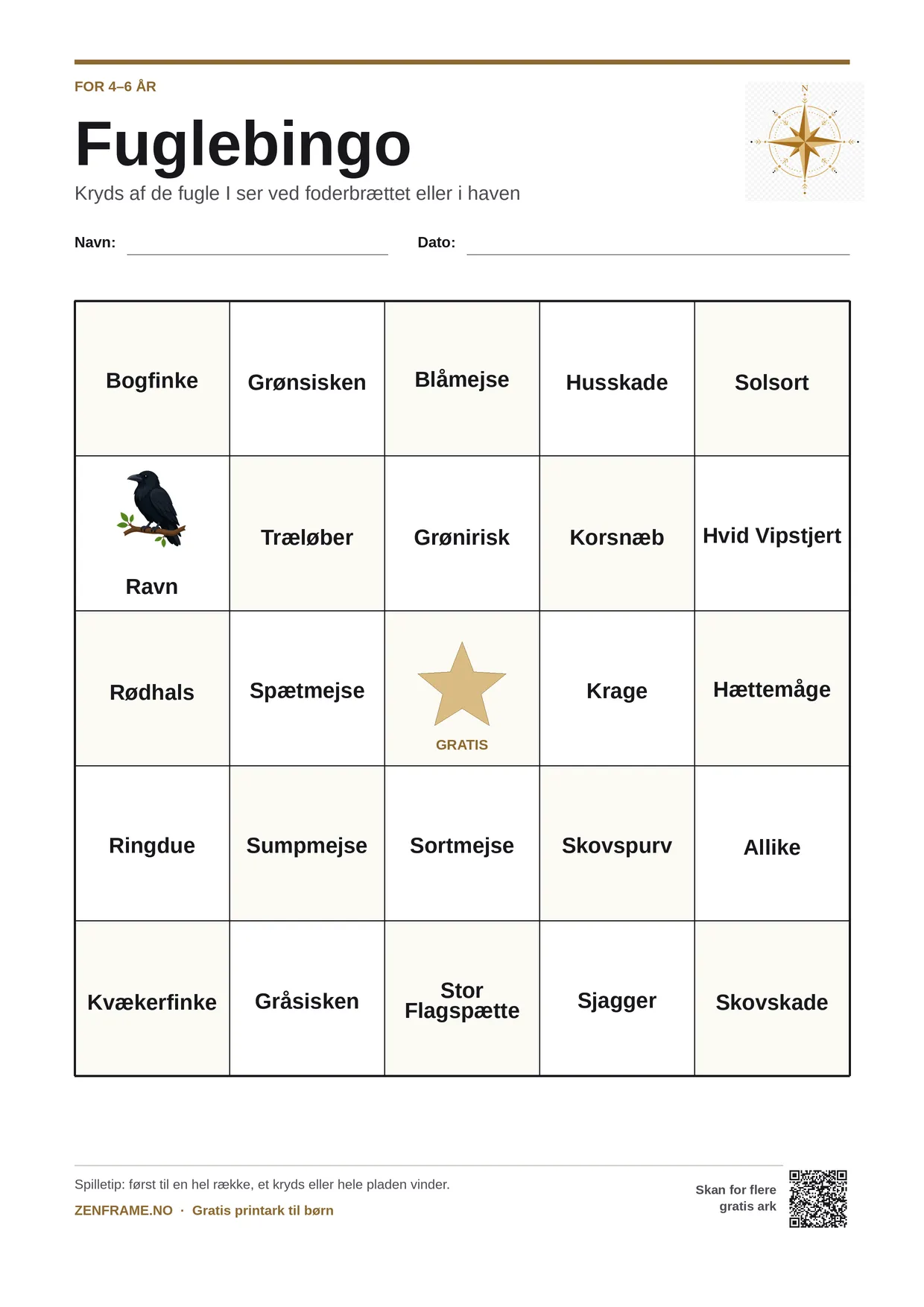 Fuglebingo for børn 4–6 år – gratis printbar A4-plade