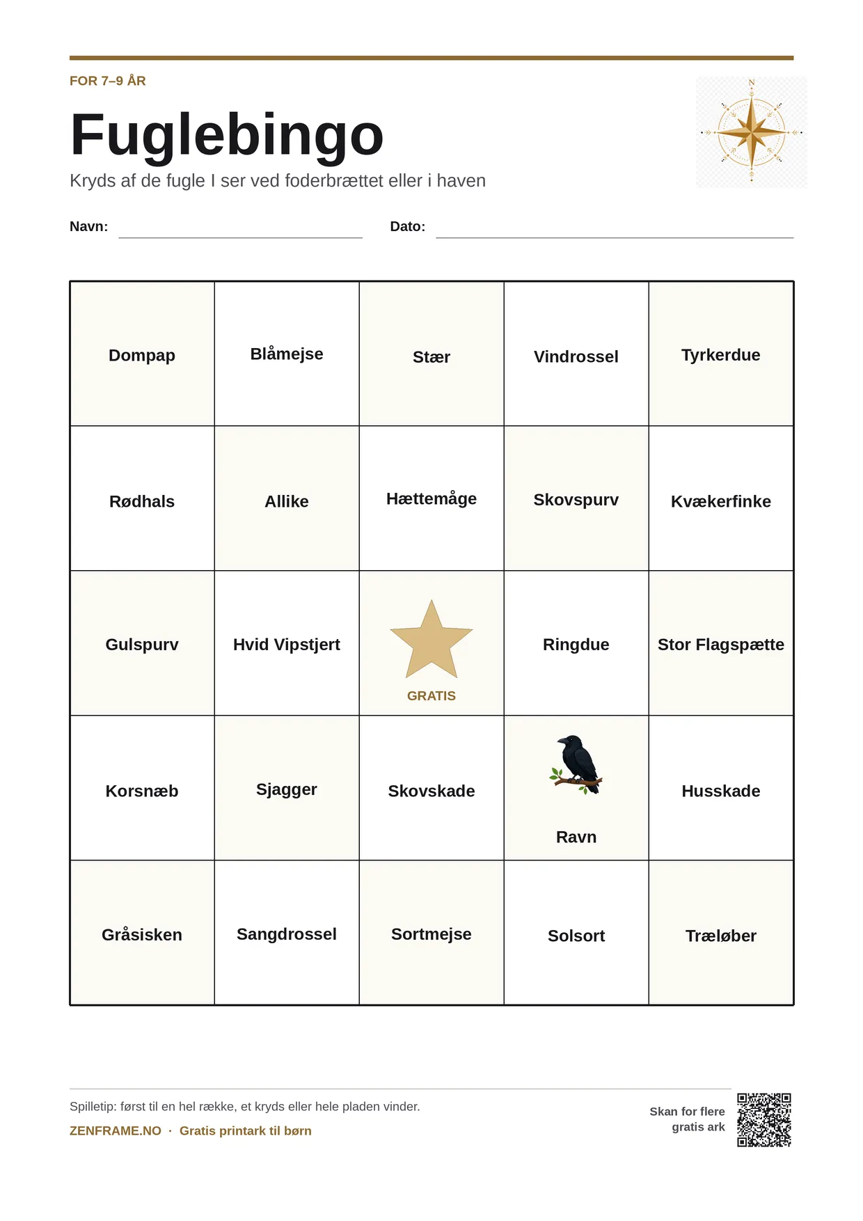 Fuglebingo for børn 7–9 år – gratis printbar A4-plade