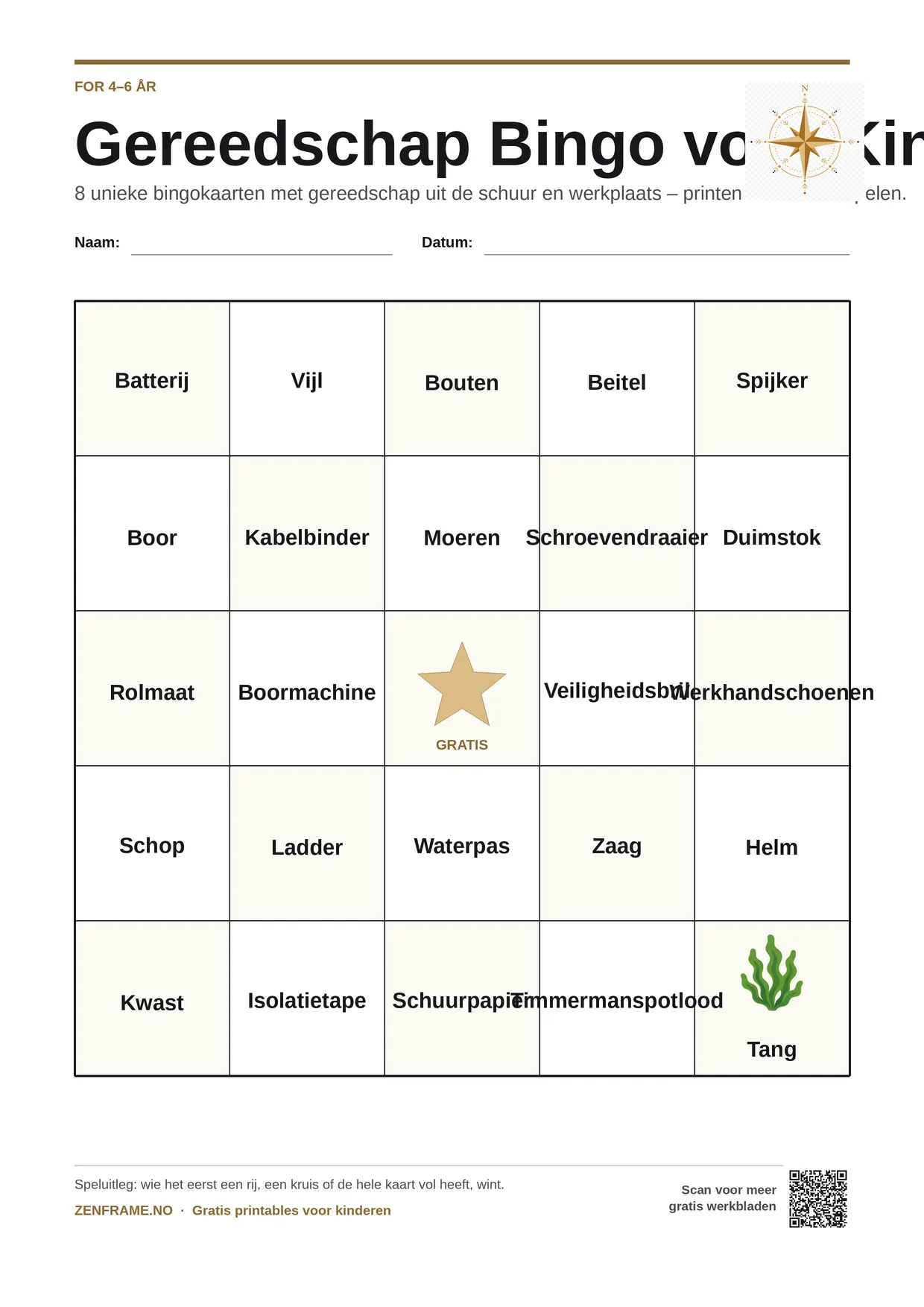 Gereedschap Bingo voor Kinderen voor kinderen 4–6 jaar – gratis printbare A4-kaart
