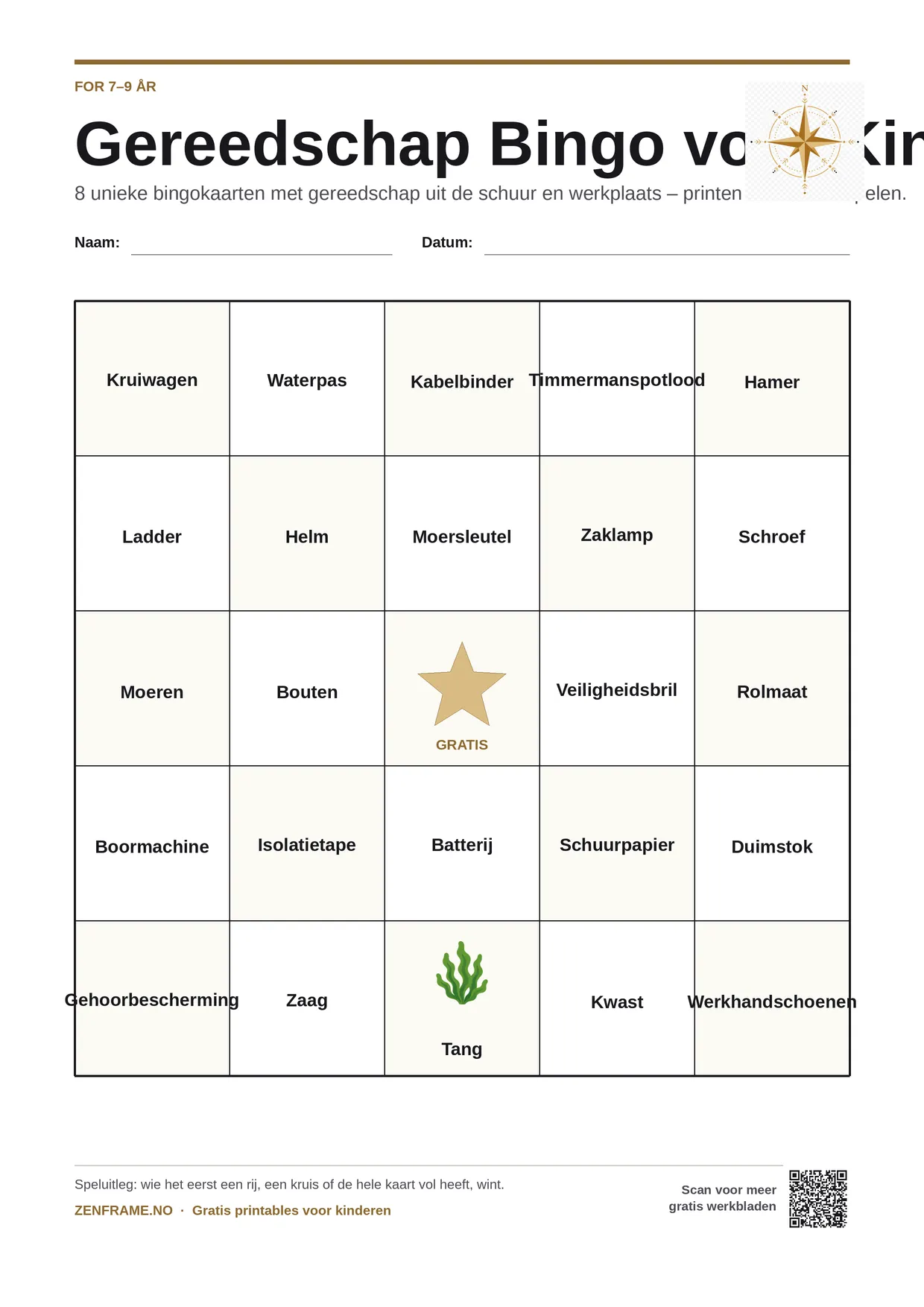 Gereedschap Bingo voor Kinderen voor kinderen 7–9 jaar – gratis printbare A4-kaart