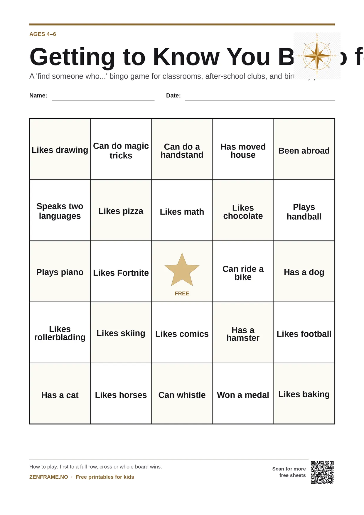 Getting to Know You Bingo for kids ages 4–6 – free printable A4 board