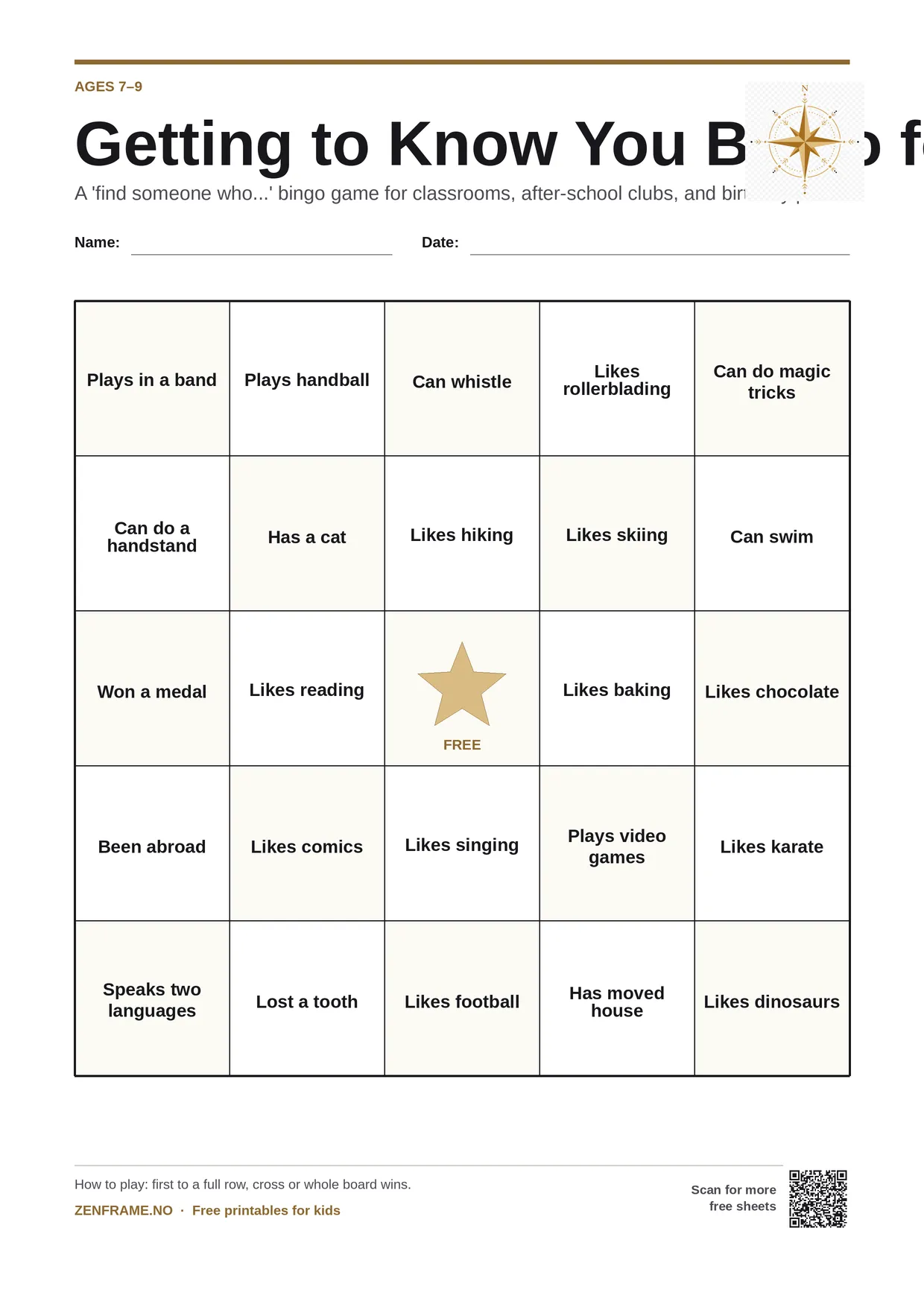 Getting to Know You Bingo for kids ages 7–9 – free printable A4 board
