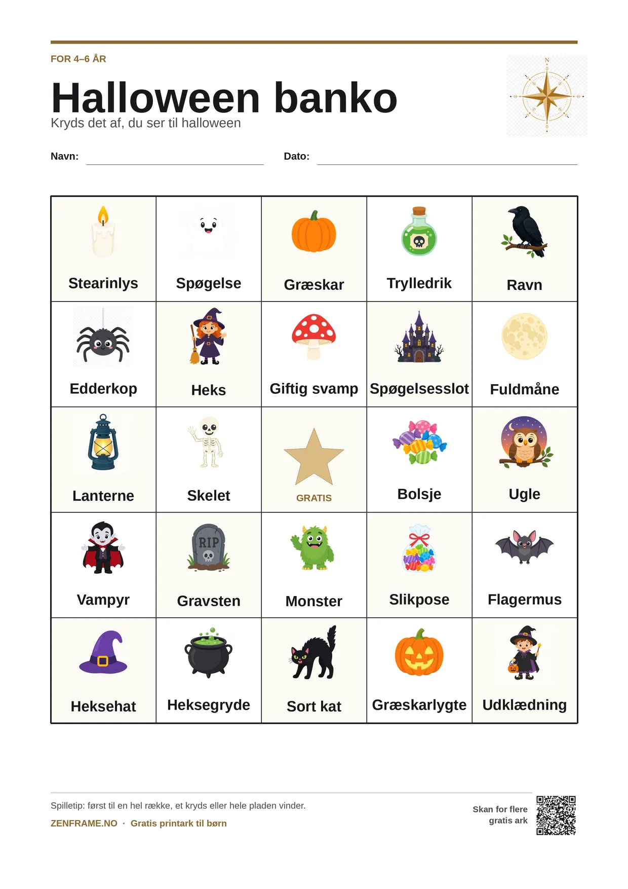Halloween banko for børn 4–6 år – gratis printbar A4-plade