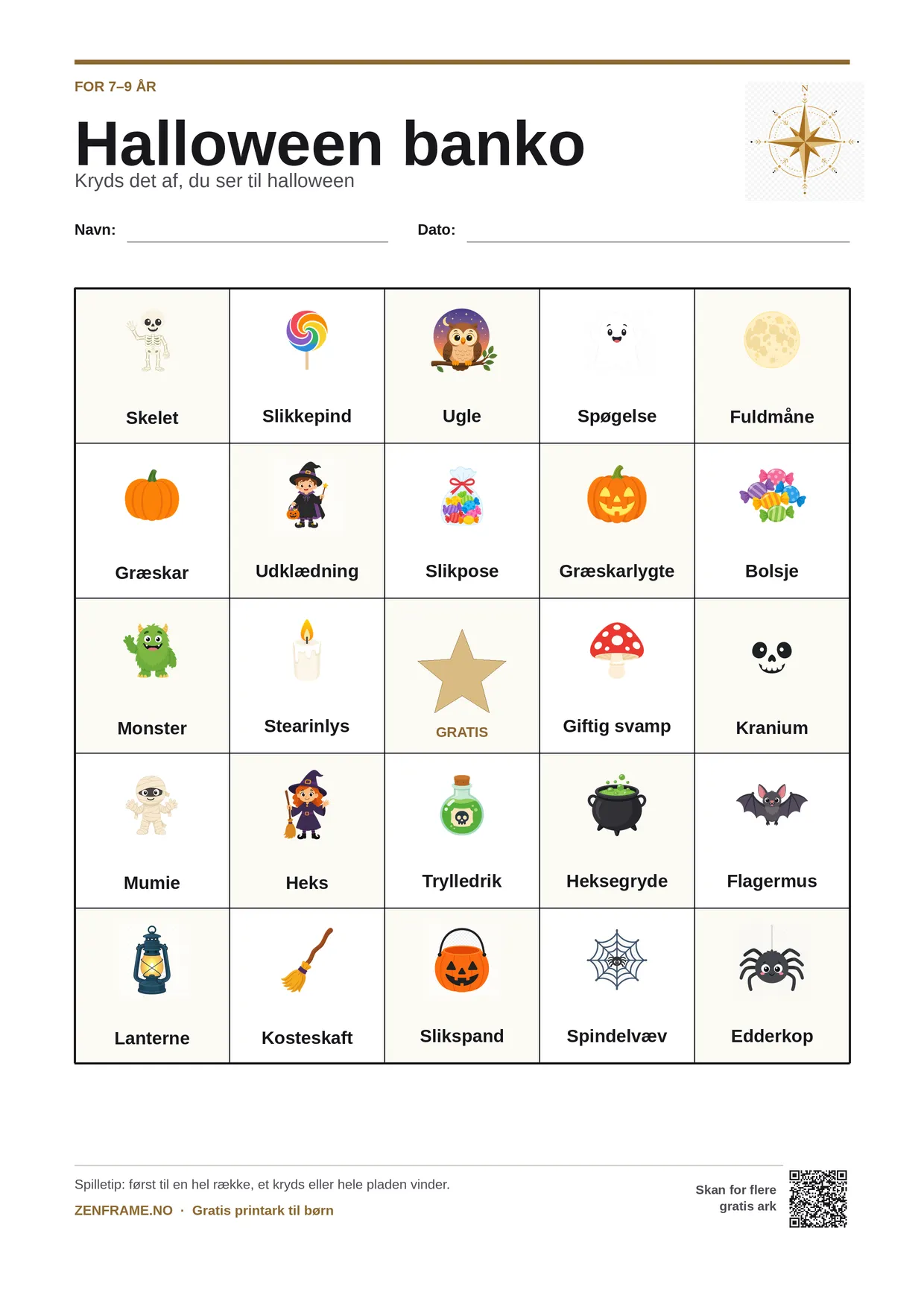 Halloween banko for børn 7–9 år – gratis printbar A4-plade