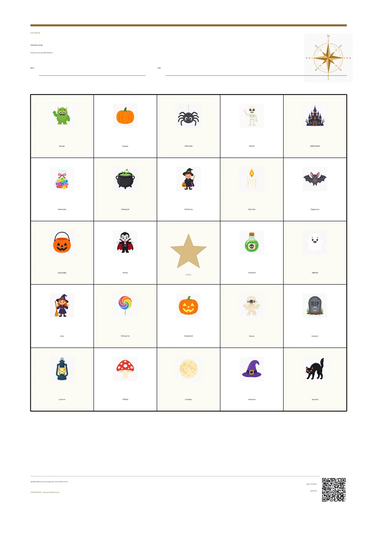 Halloween-bingo for barn 10–12 år – gratis utskrivbart A4-brett