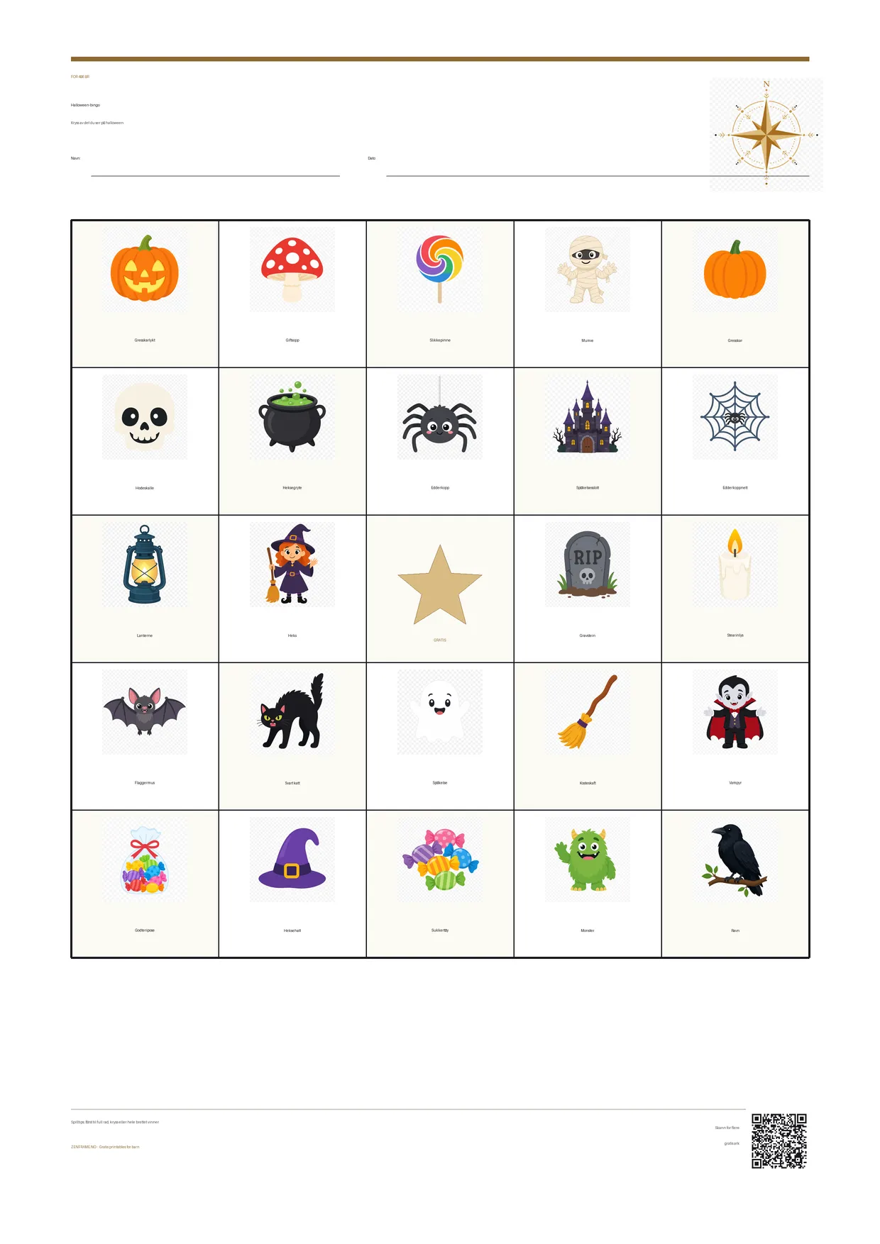 Halloween-bingo for barn 4–6 år – gratis utskrivbart A4-brett