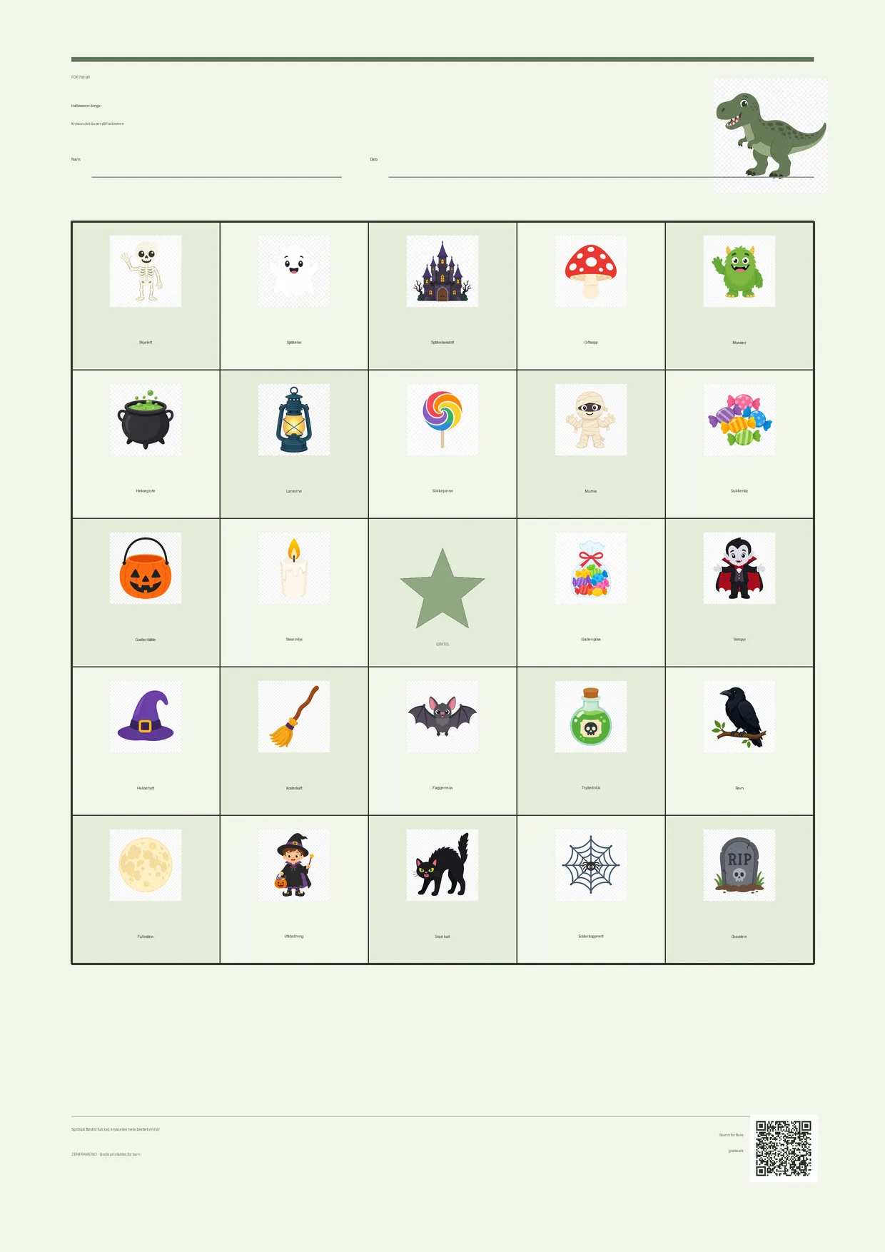 Halloween-bingo for barn 7–9 år – Dinosaur-tema – gratis utskrivbart A4-brett