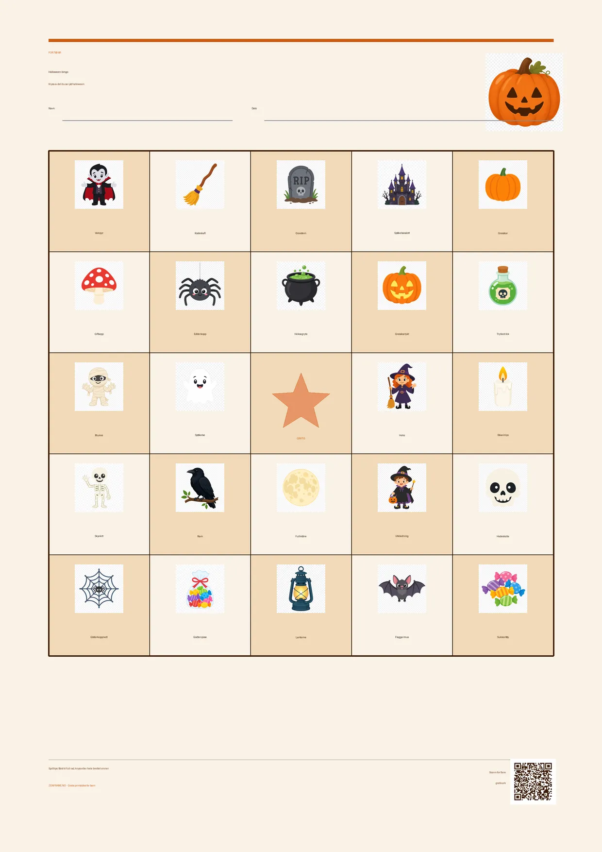 Halloween-bingo for barn 7–9 år – Halloween-tema – gratis utskrivbart A4-brett