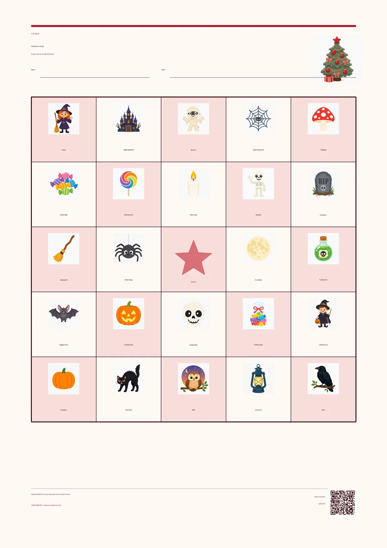 Halloween-bingo for barn 7–9 år – Jul-tema – gratis utskrivbart A4-brett