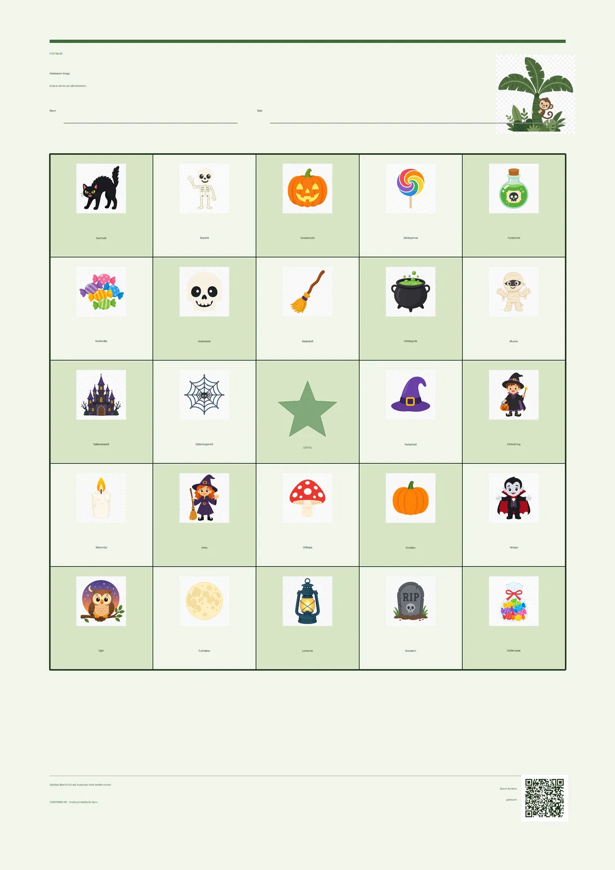 Halloween-bingo for barn 7–9 år – Jungel-tema – gratis utskrivbart A4-brett