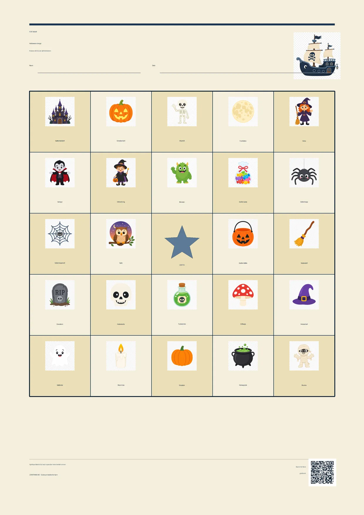 Halloween-bingo for barn 7–9 år – Pirat-tema – gratis utskrivbart A4-brett