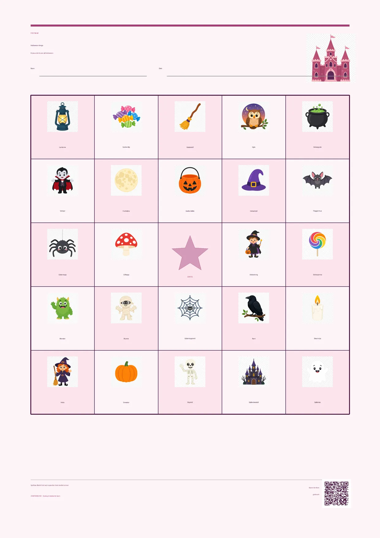 Halloween-bingo for barn 7–9 år – Prinsesse-tema – gratis utskrivbart A4-brett
