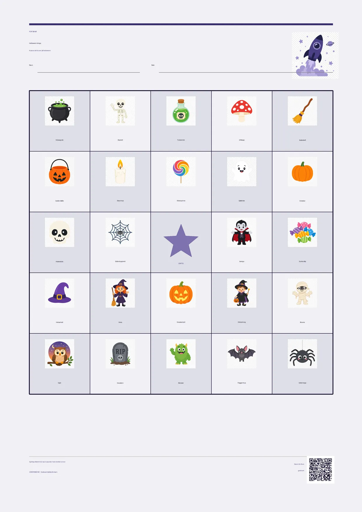 Halloween-bingo for barn 7–9 år – Romfart-tema – gratis utskrivbart A4-brett