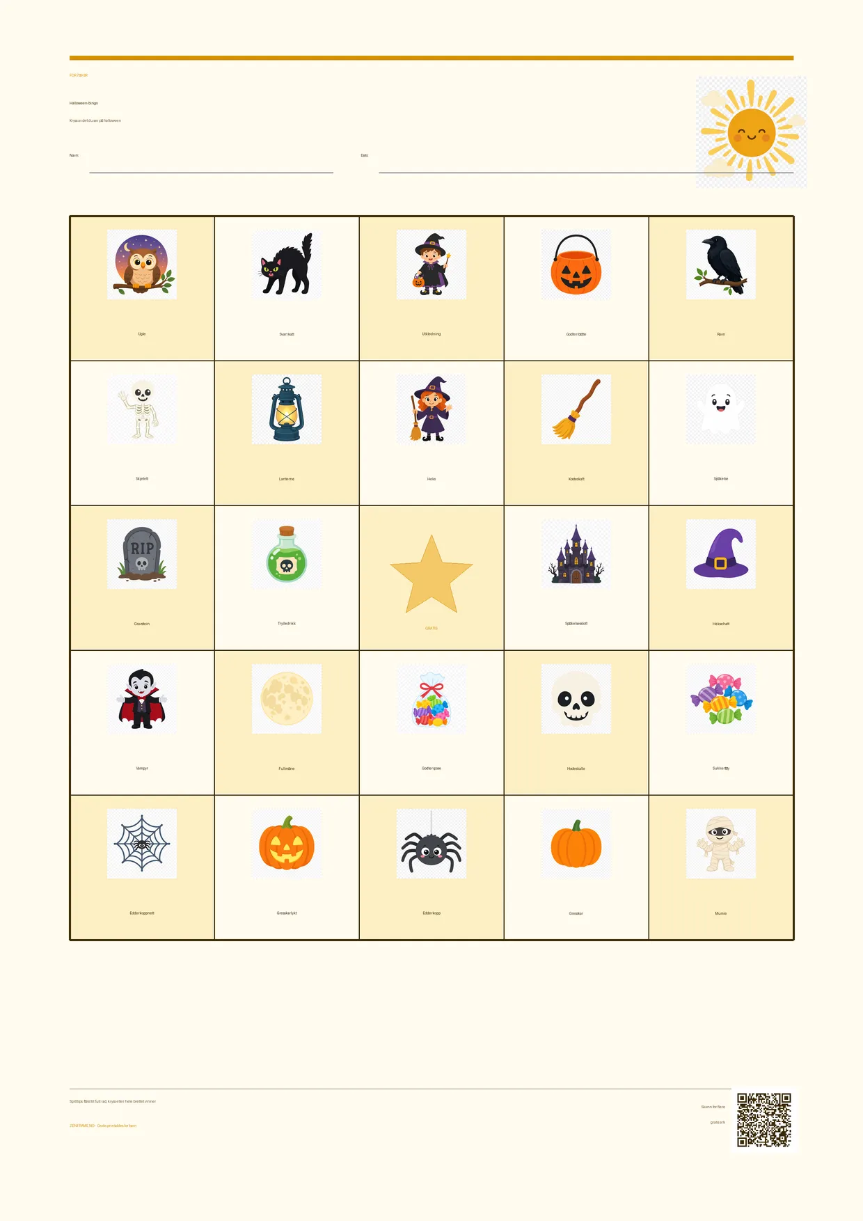 Halloween-bingo for barn 7–9 år – Sommer-tema – gratis utskrivbart A4-brett