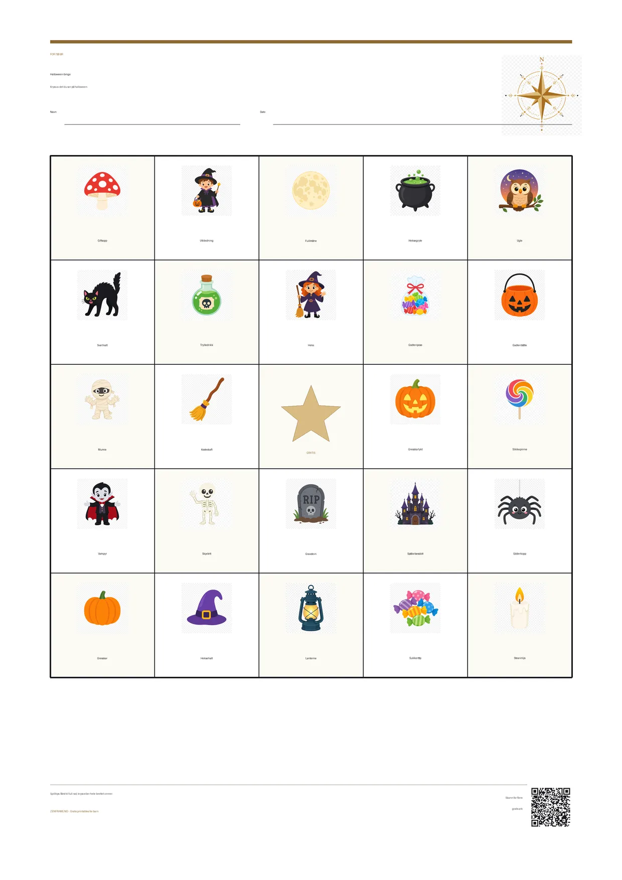 Halloween-bingo for barn 7–9 år – gratis utskrivbart A4-brett