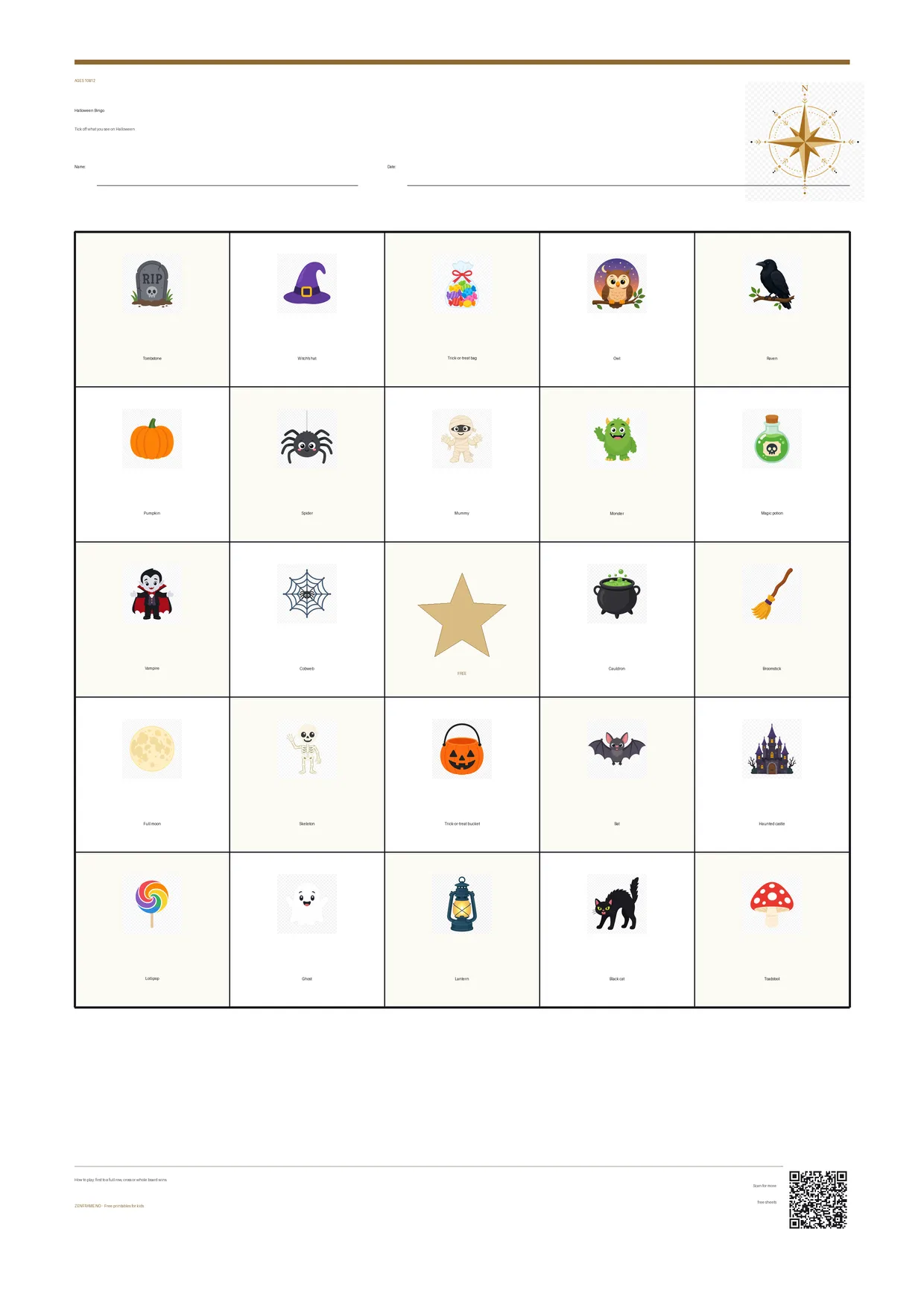 Halloween Bingo for kids ages 10–12 – free printable A4 board