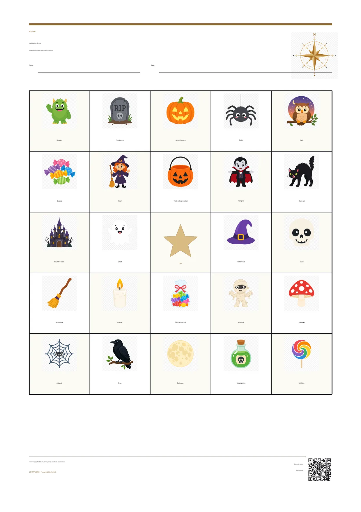 Halloween Bingo for kids ages 4–6 – free printable A4 board