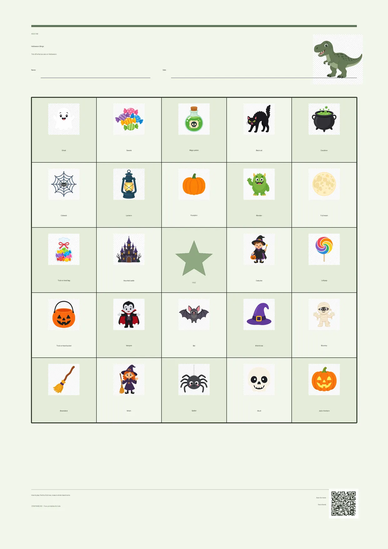 Halloween Bingo for kids ages 7–9 – Dinosaur theme – free printable A4 board