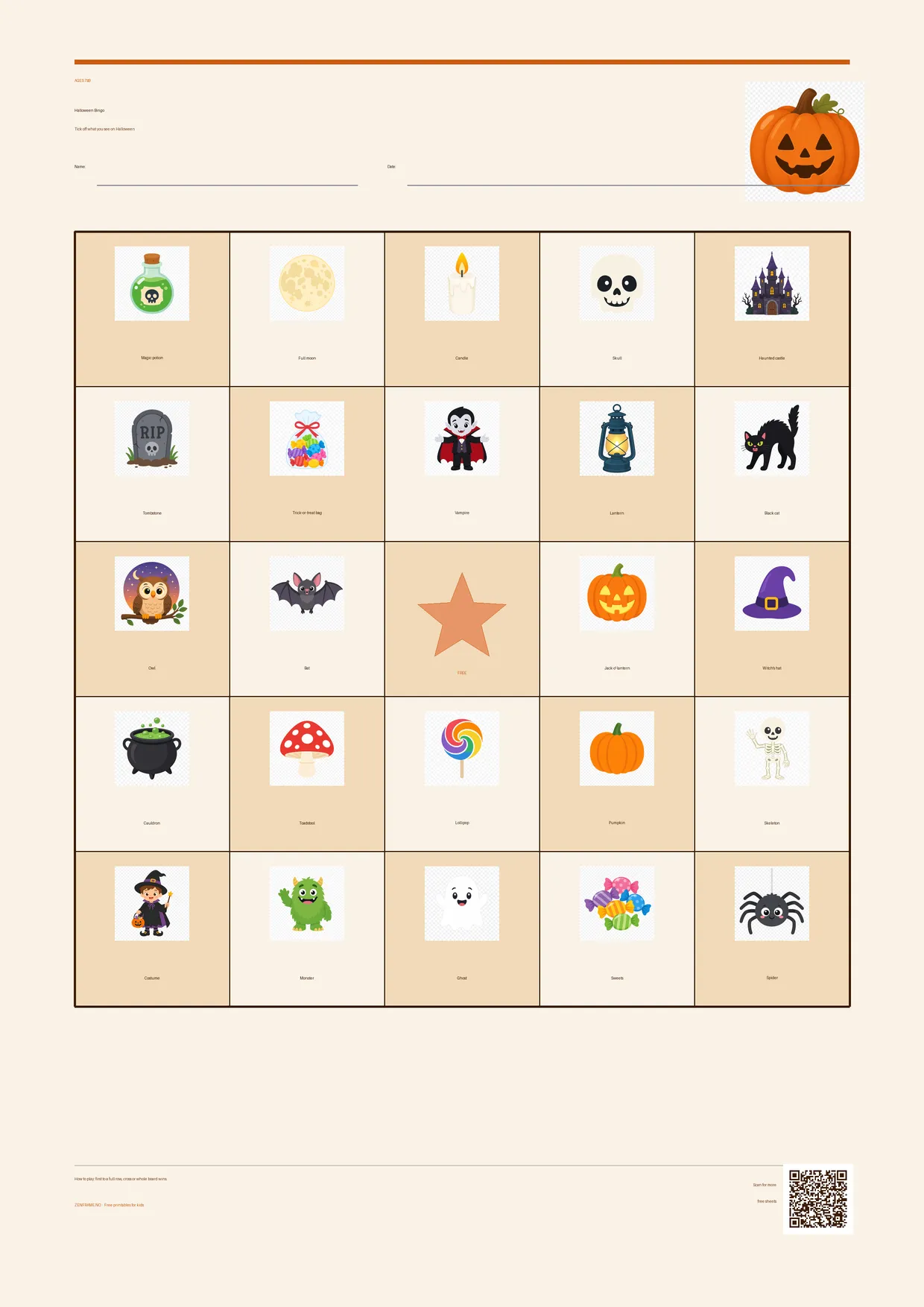 Halloween Bingo for kids ages 7–9 – Halloween theme – free printable A4 board