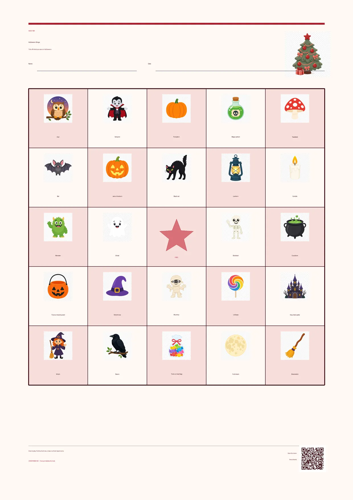 Halloween Bingo for kids ages 7–9 – Christmas theme – free printable A4 board