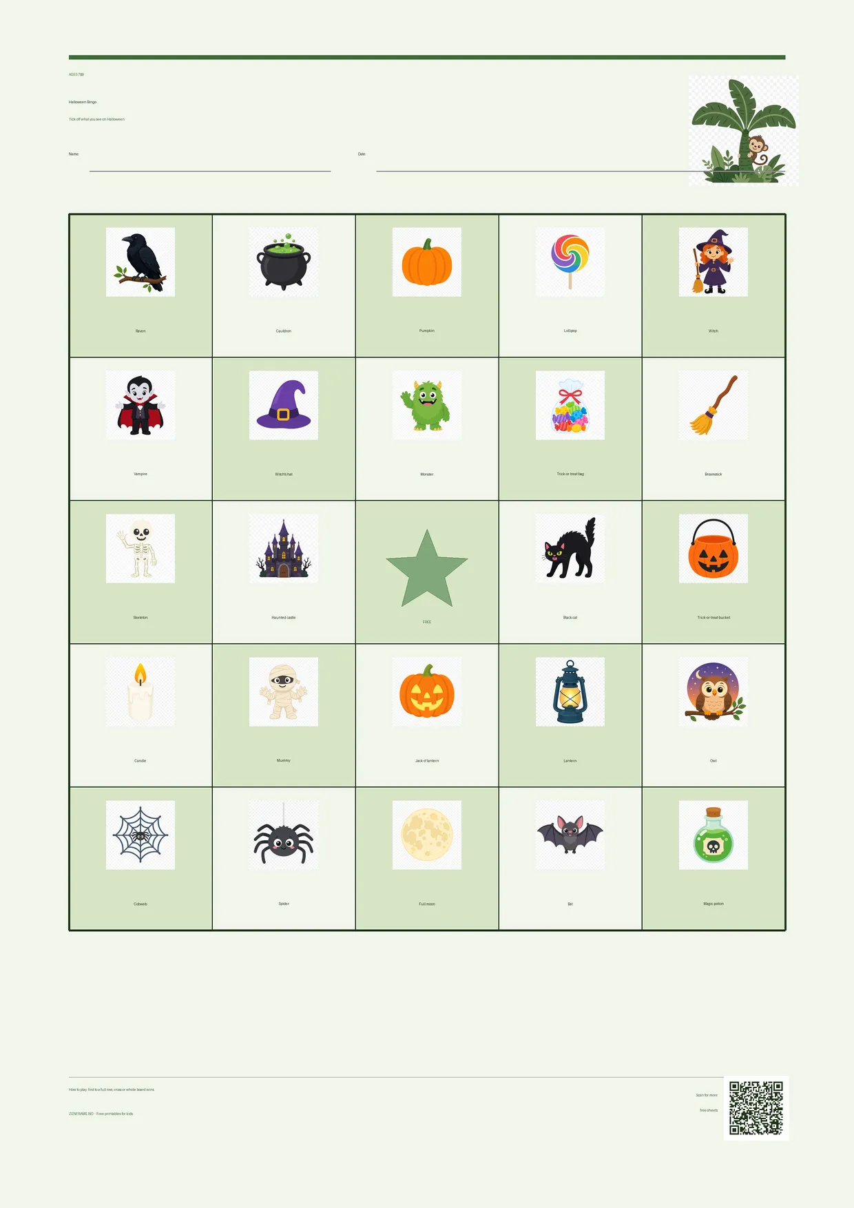 Halloween Bingo for kids ages 7–9 – Jungle theme – free printable A4 board