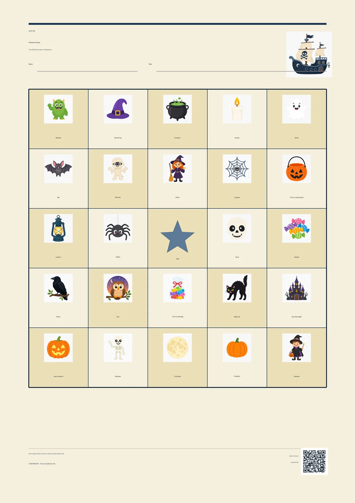 Halloween Bingo for kids ages 7–9 – Pirate theme – free printable A4 board