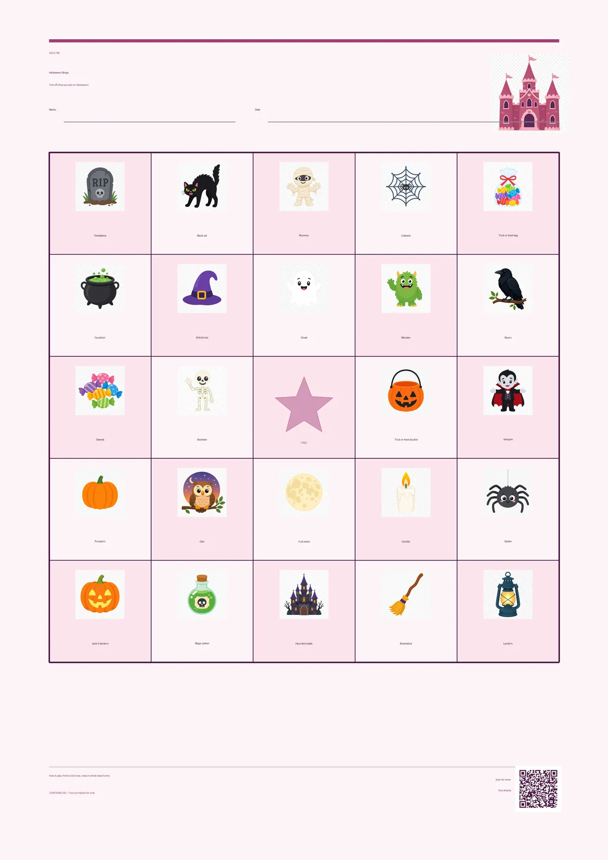 Halloween Bingo for kids ages 7–9 – Princess theme – free printable A4 board