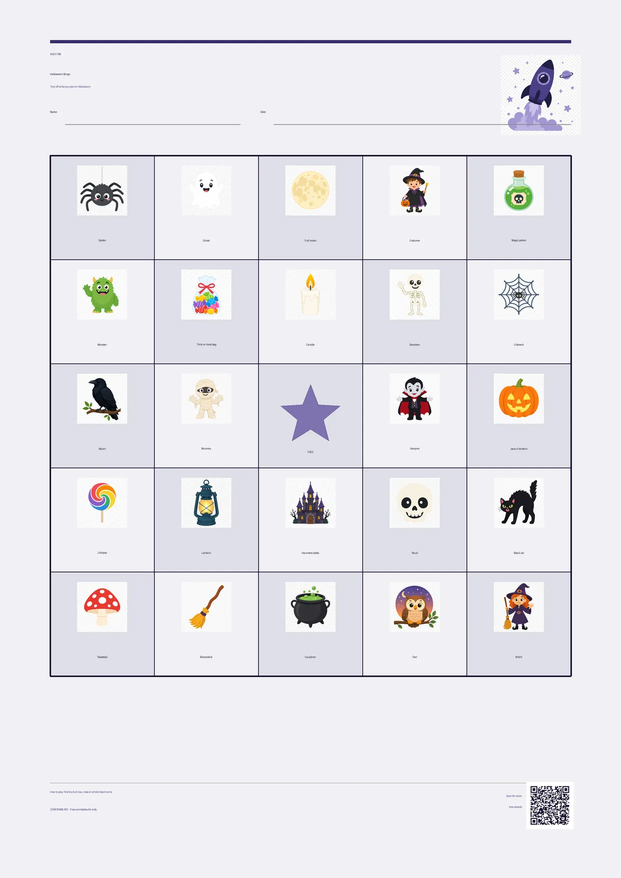 Halloween Bingo for kids ages 7–9 – Space theme – free printable A4 board