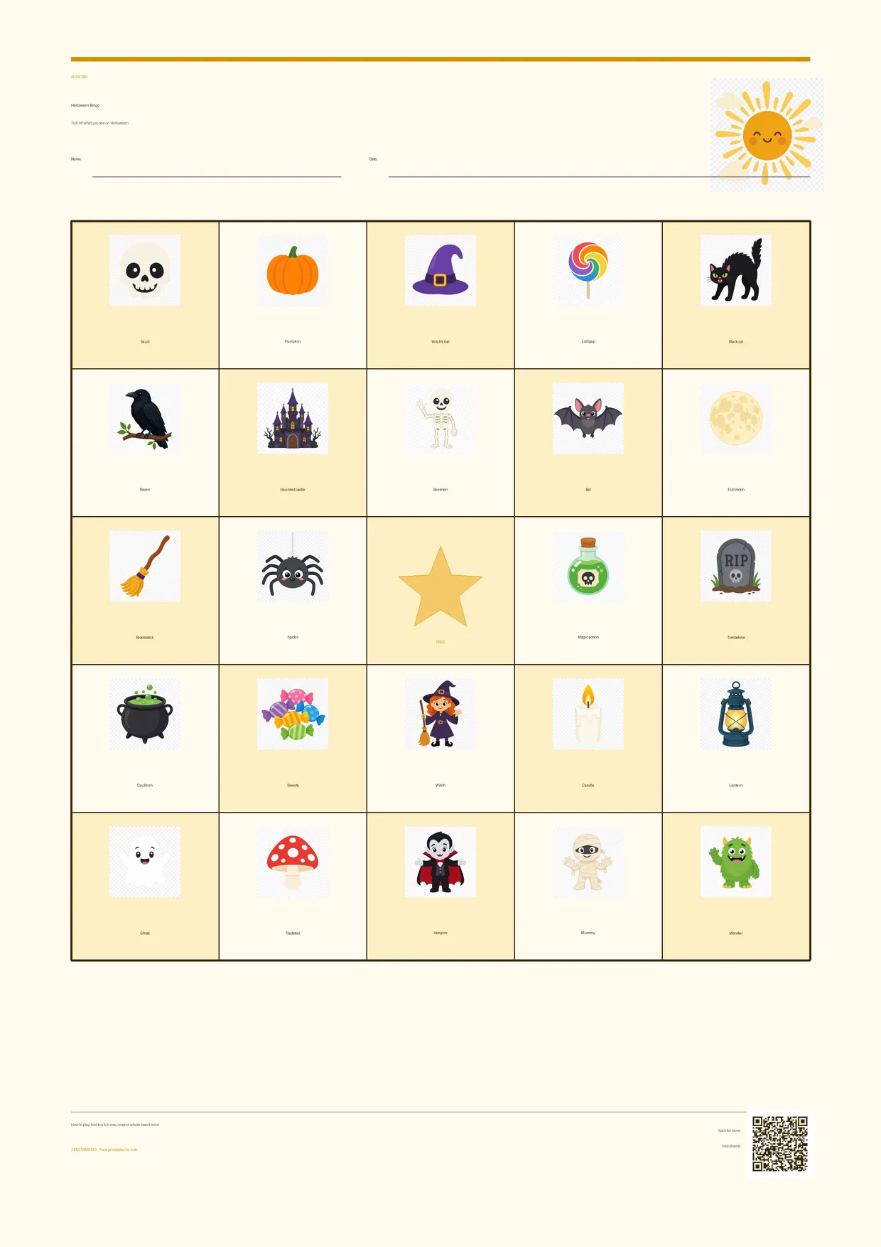 Halloween Bingo for kids ages 7–9 – Summer theme – free printable A4 board