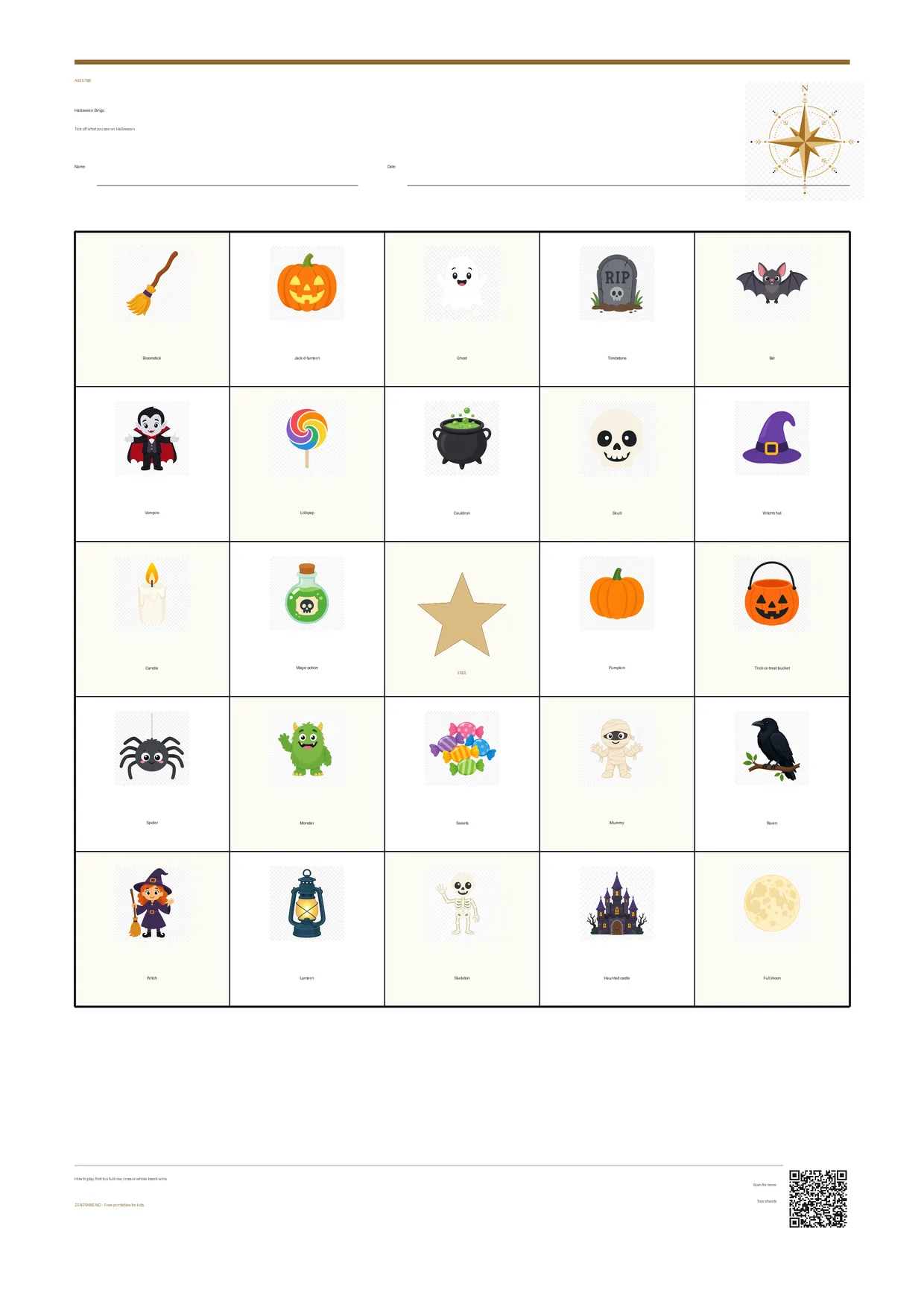 Halloween Bingo for kids ages 7–9 – free printable A4 board