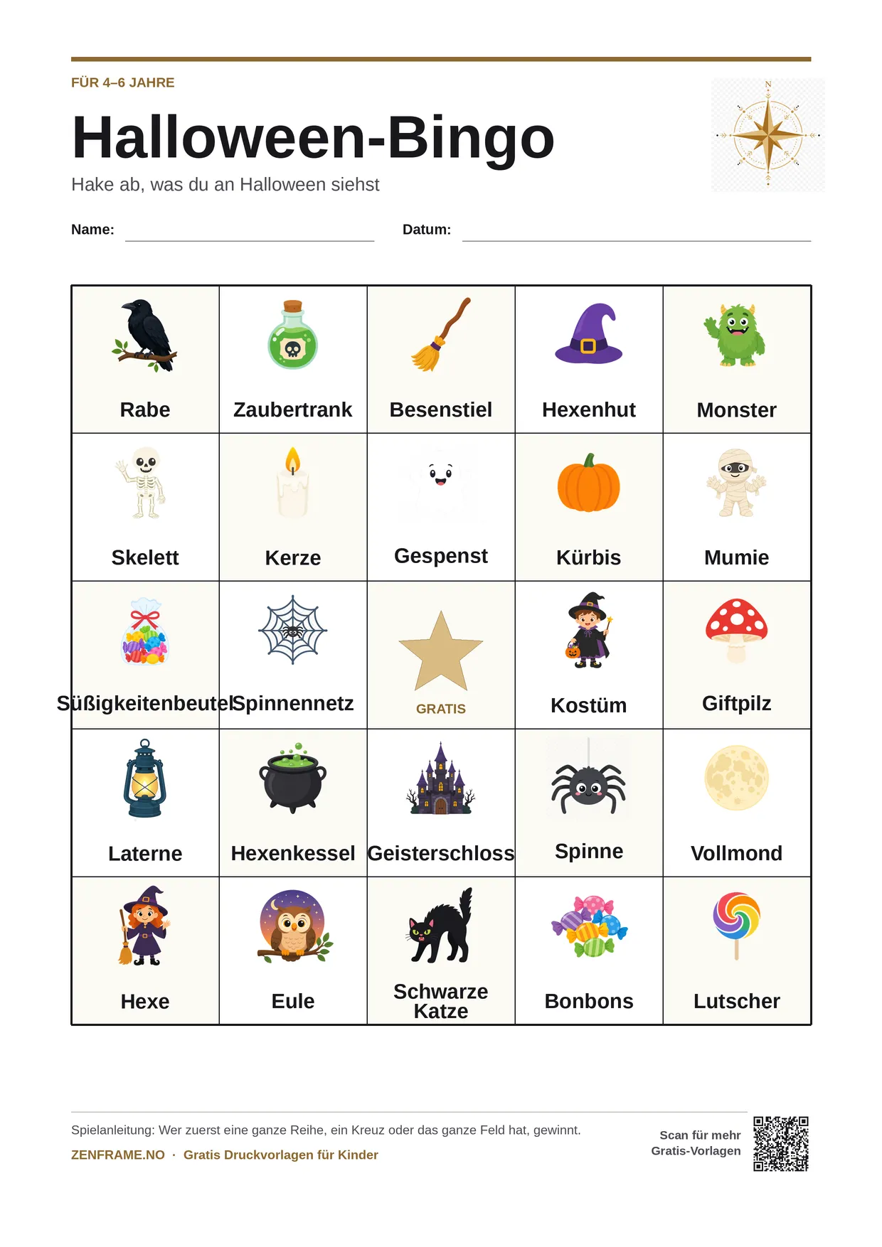 Halloween-Bingo für Kinder 4–6 Jahre – kostenlose A4-Vorlage zum Ausdrucken