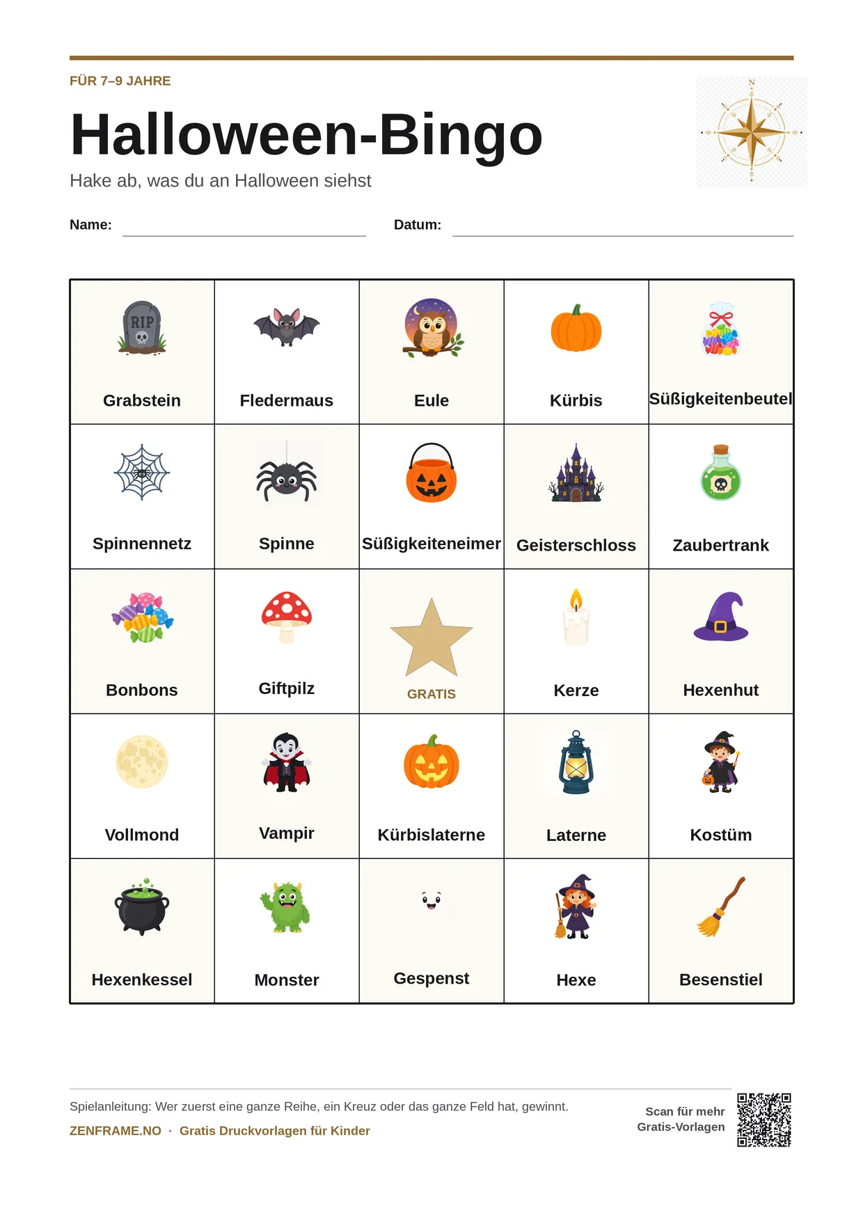 Halloween-Bingo für Kinder 7–9 Jahre – kostenlose A4-Vorlage zum Ausdrucken