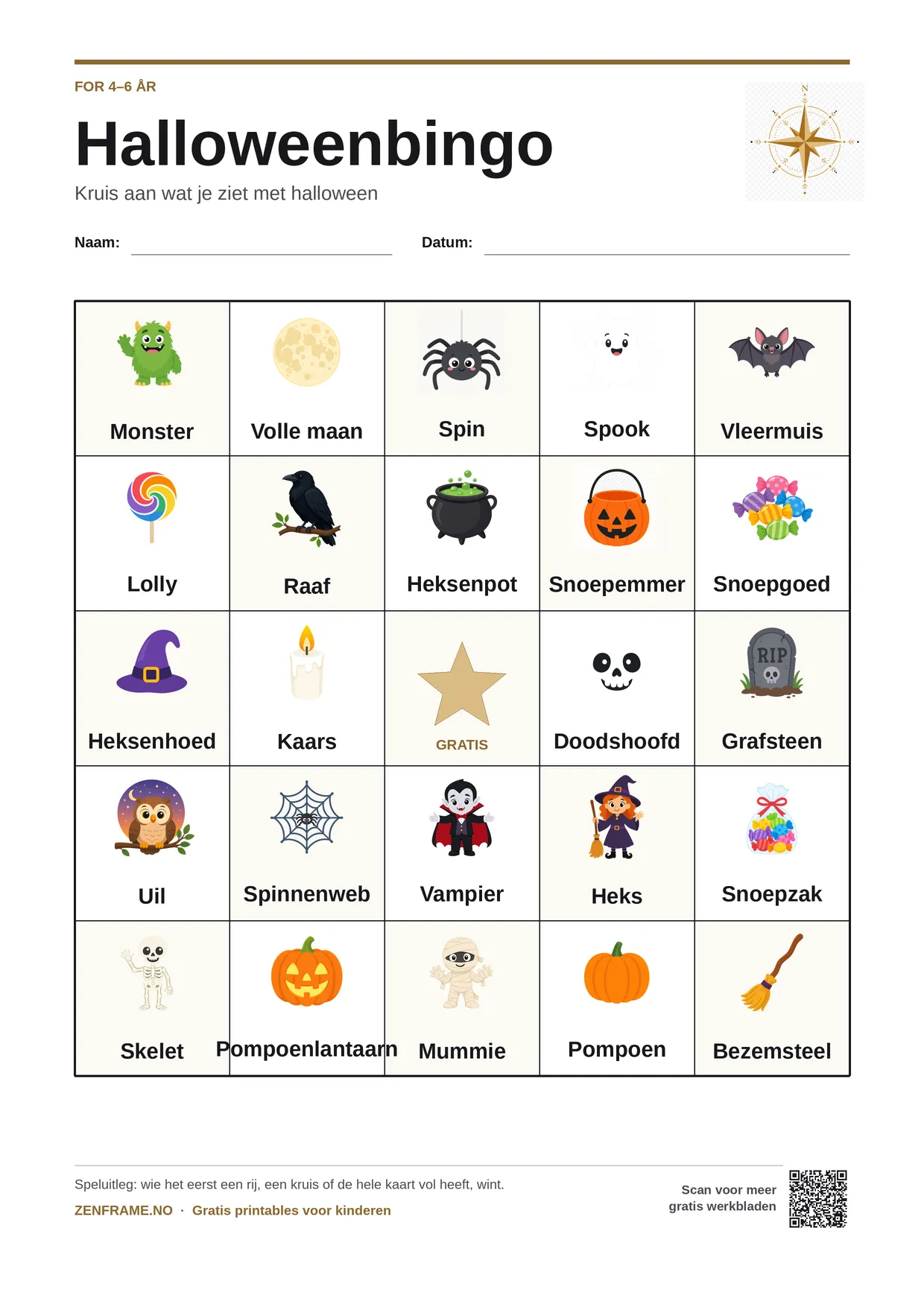 Halloweenbingo voor kinderen 4–6 jaar – gratis printbare A4-kaart