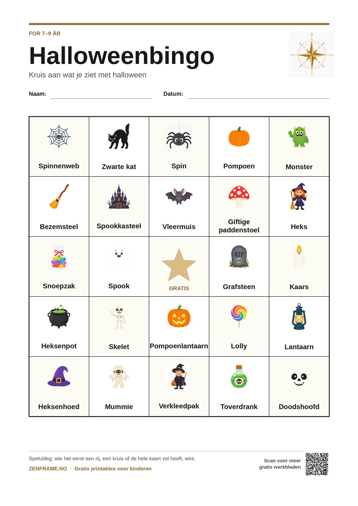 Halloweenbingo voor kinderen 7–9 jaar – gratis printbare A4-kaart