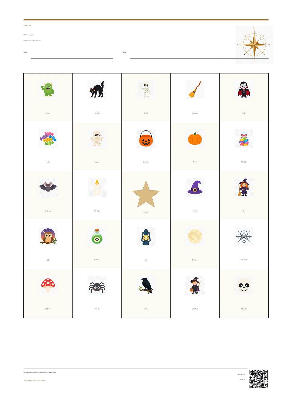 Halloweenbingo för barn 10–12 år – gratis utskrivbart A4-bräde